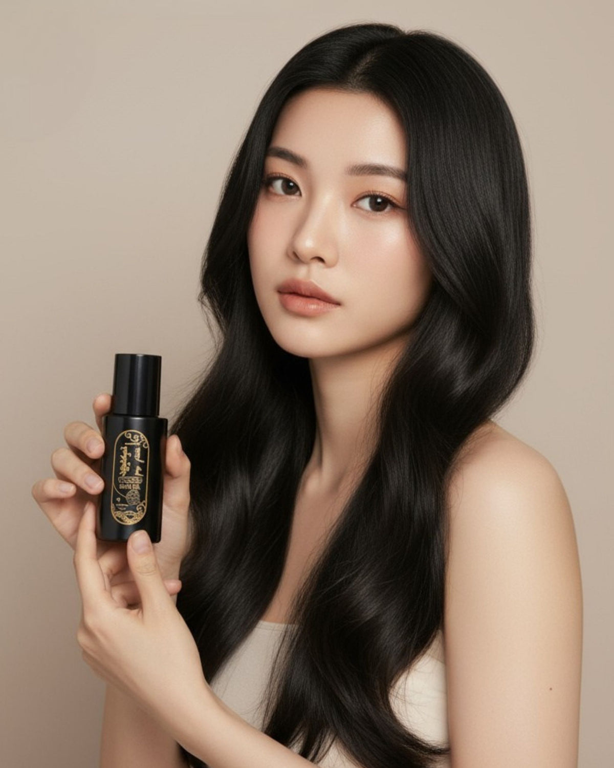 Woman with long, glossy black hair holding the Black Silk Hair Oil bottle
