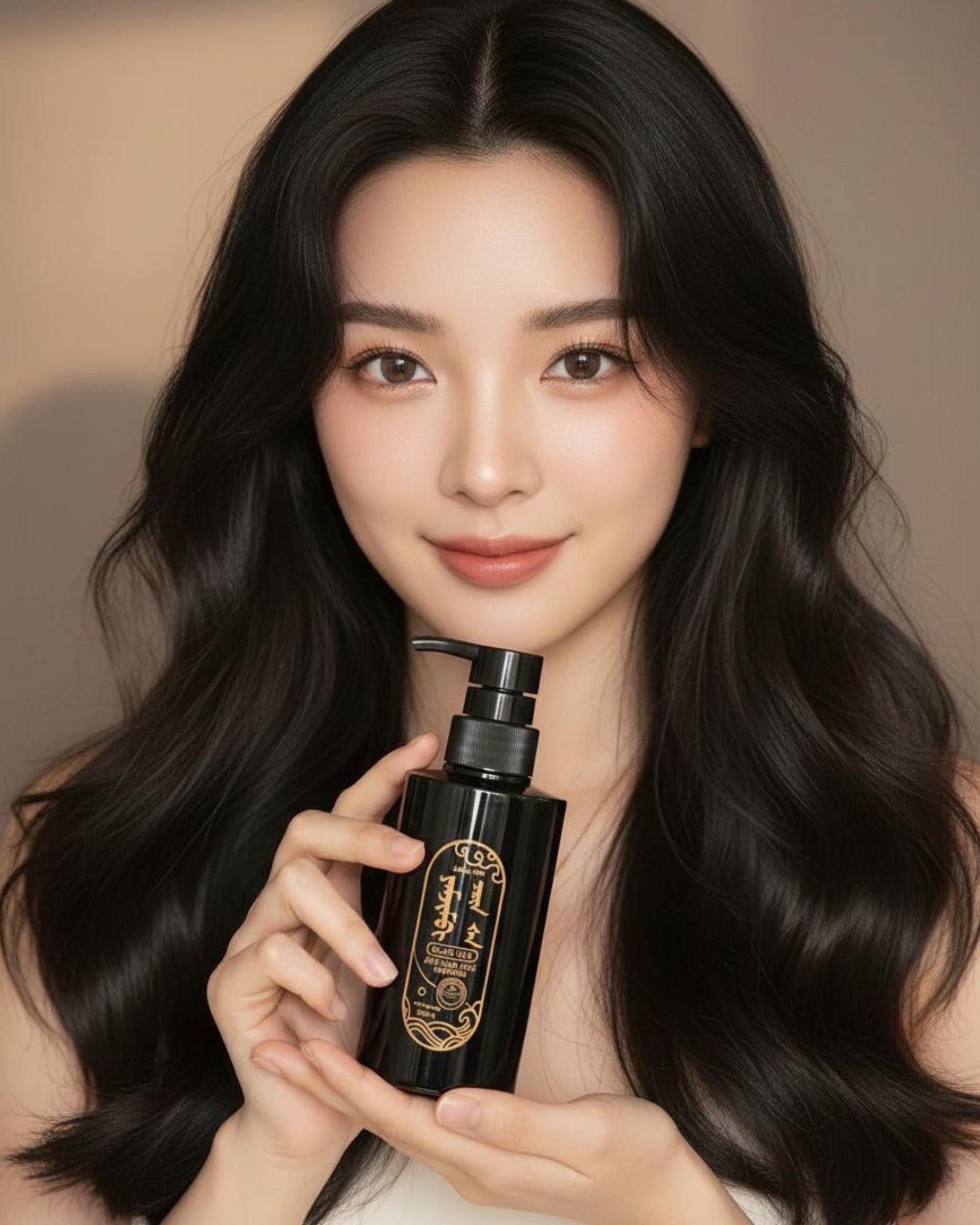 Woman with long, glossy black hair holding the Black Silk Anti Hair Loss Shampoo bottle