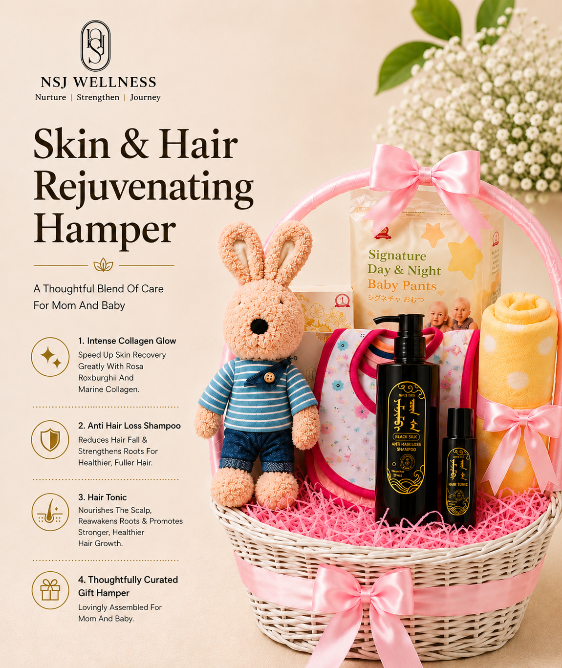 Skin & Hair Rejuvenating Hamper contents: Intense Collagen Glow, Anti Hair Loss Shampoo and Hair Tonic, for mum and baby