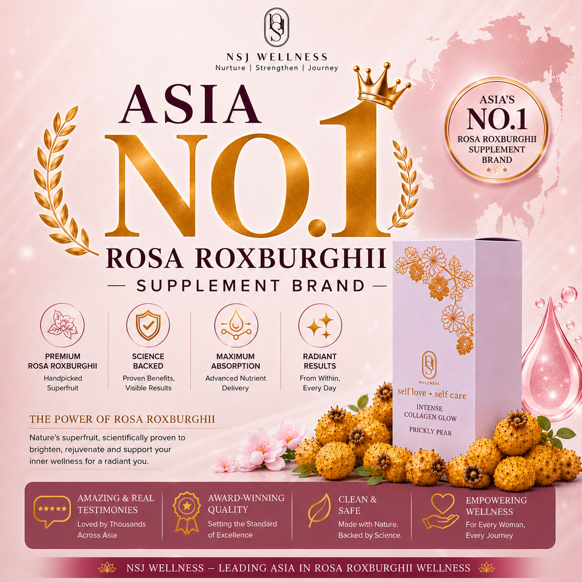 Intense Collagen Glow box with fresh Rosa Roxburghii, promoted as Asia&