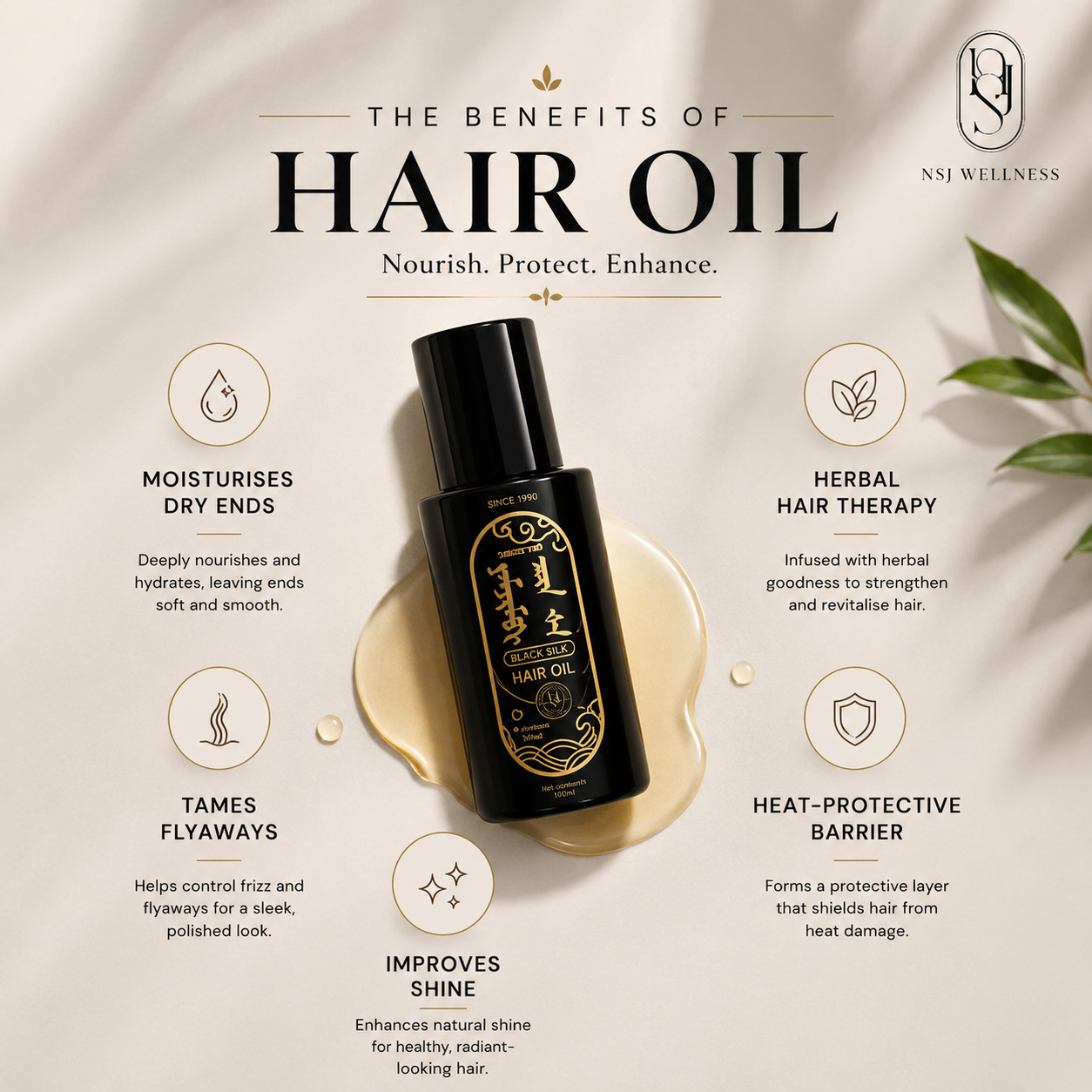 Black Silk Hair Oil benefits: moisturises dry ends, tames flyaways, improves shine and shields hair from heat