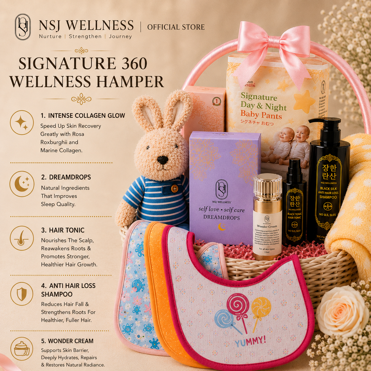Signature 360 Wellness Hamper contents: Intense Collagen Glow, Dreamdrops, Hair Tonic, Anti Hair Loss Shampoo and Wonder Cream