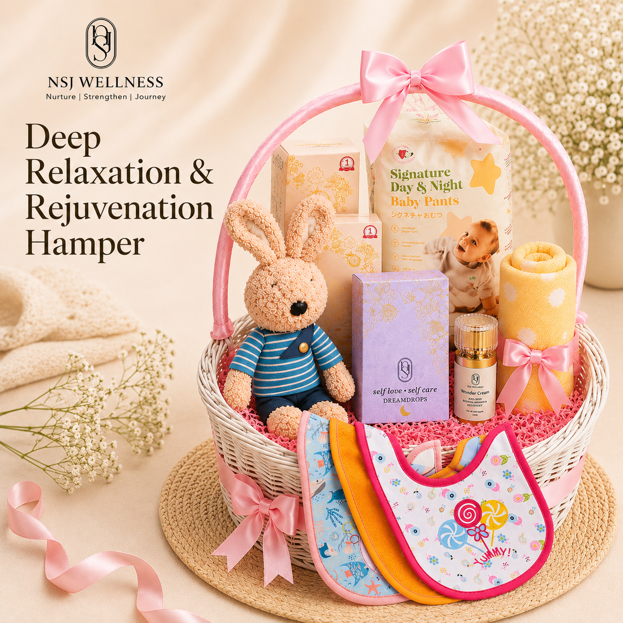 Deep Relaxation & Rejuvenation Hamper with Dreamdrops, Wonder Cream, baby pants, bibs and a knitted bunny in a pink basket