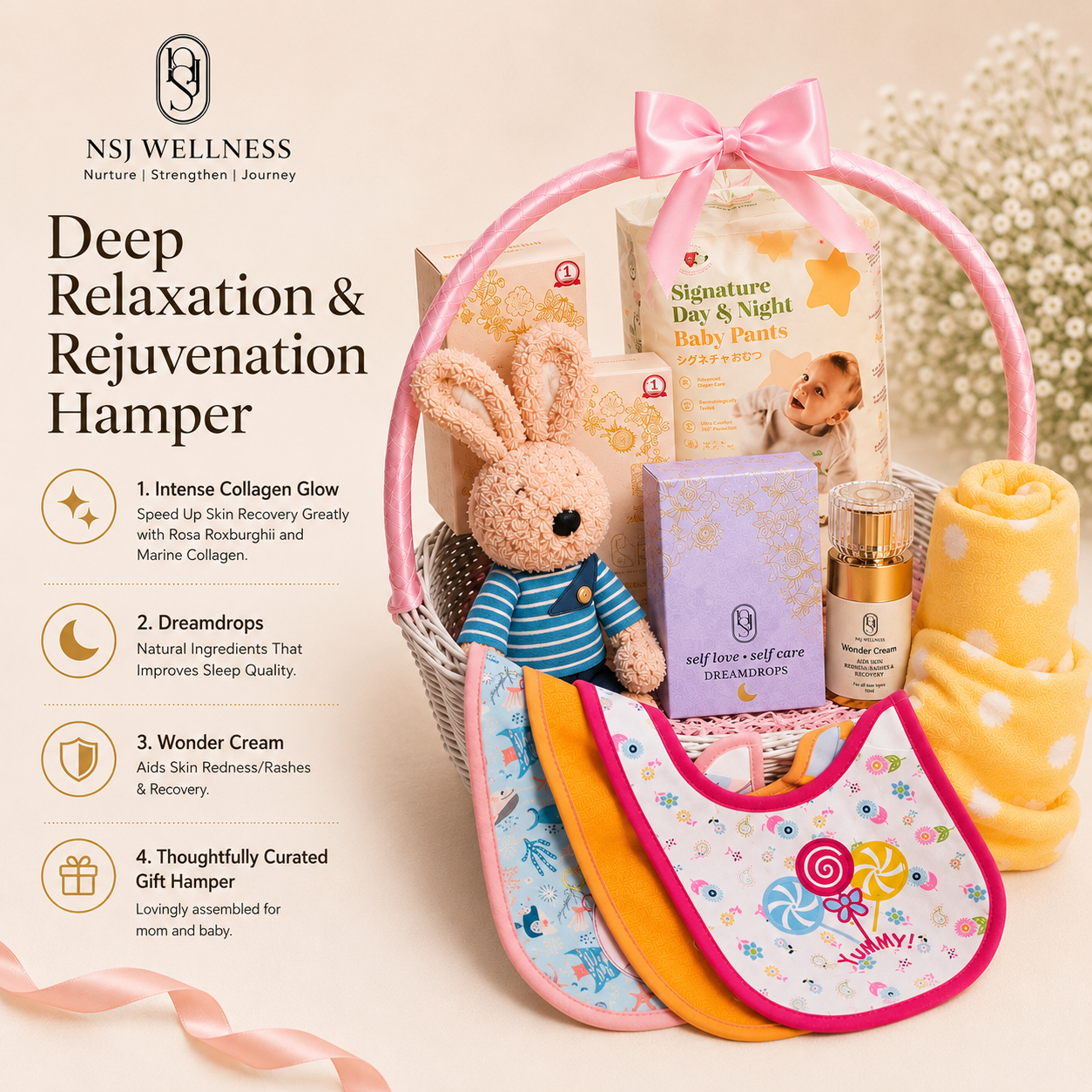Deep Relaxation & Rejuvenation Hamper contents: Intense Collagen Glow, Dreamdrops and Wonder Cream, assembled for mum and baby
