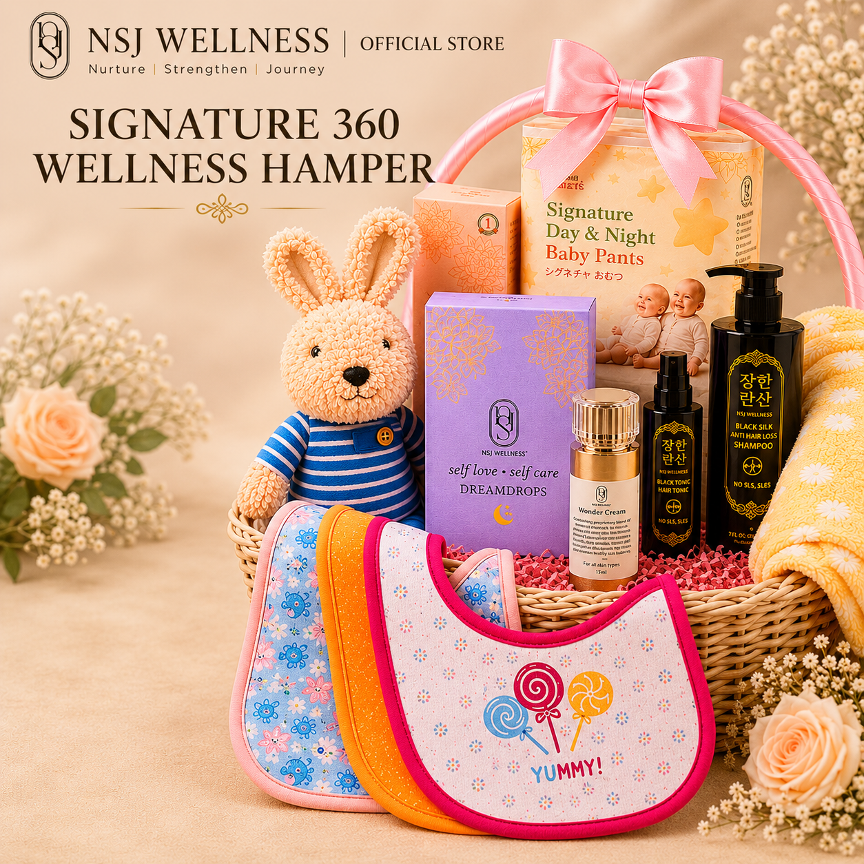Signature 360 Wellness Hamper basket with Dreamdrops, Wonder Cream, Black Silk haircare, baby pants, bibs and a knitted bunny