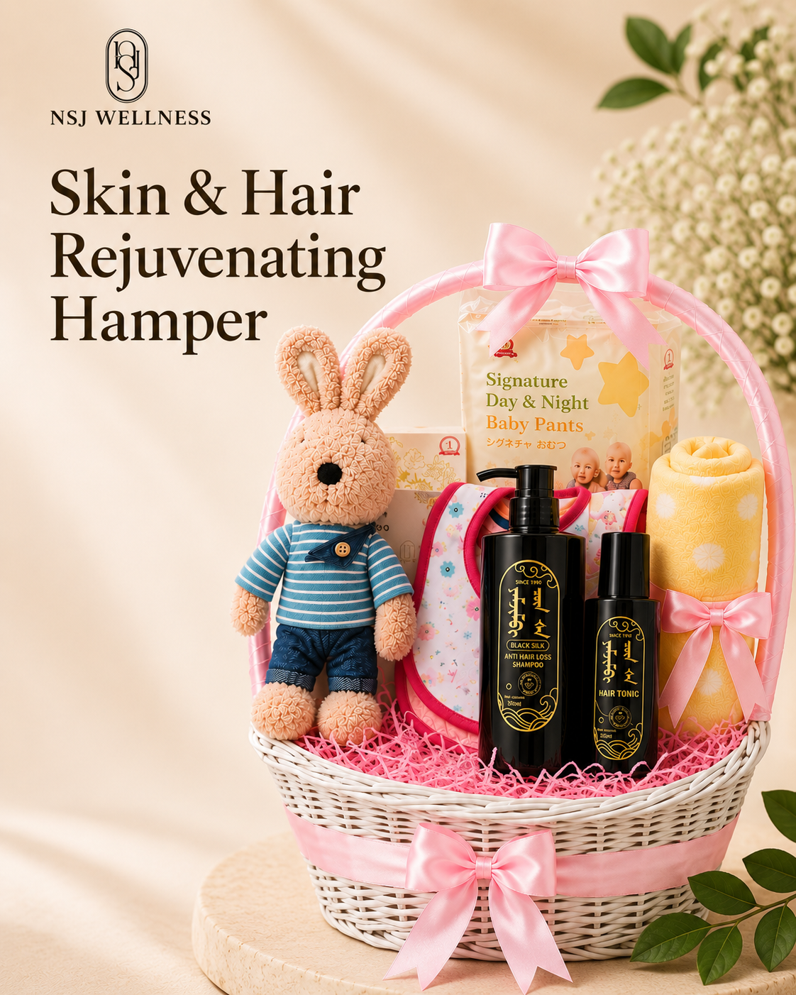 Skin & Hair Rejuvenating Hamper with Black Silk Anti Hair Loss Shampoo and Hair Tonic, baby pants, bib and a knitted bunny